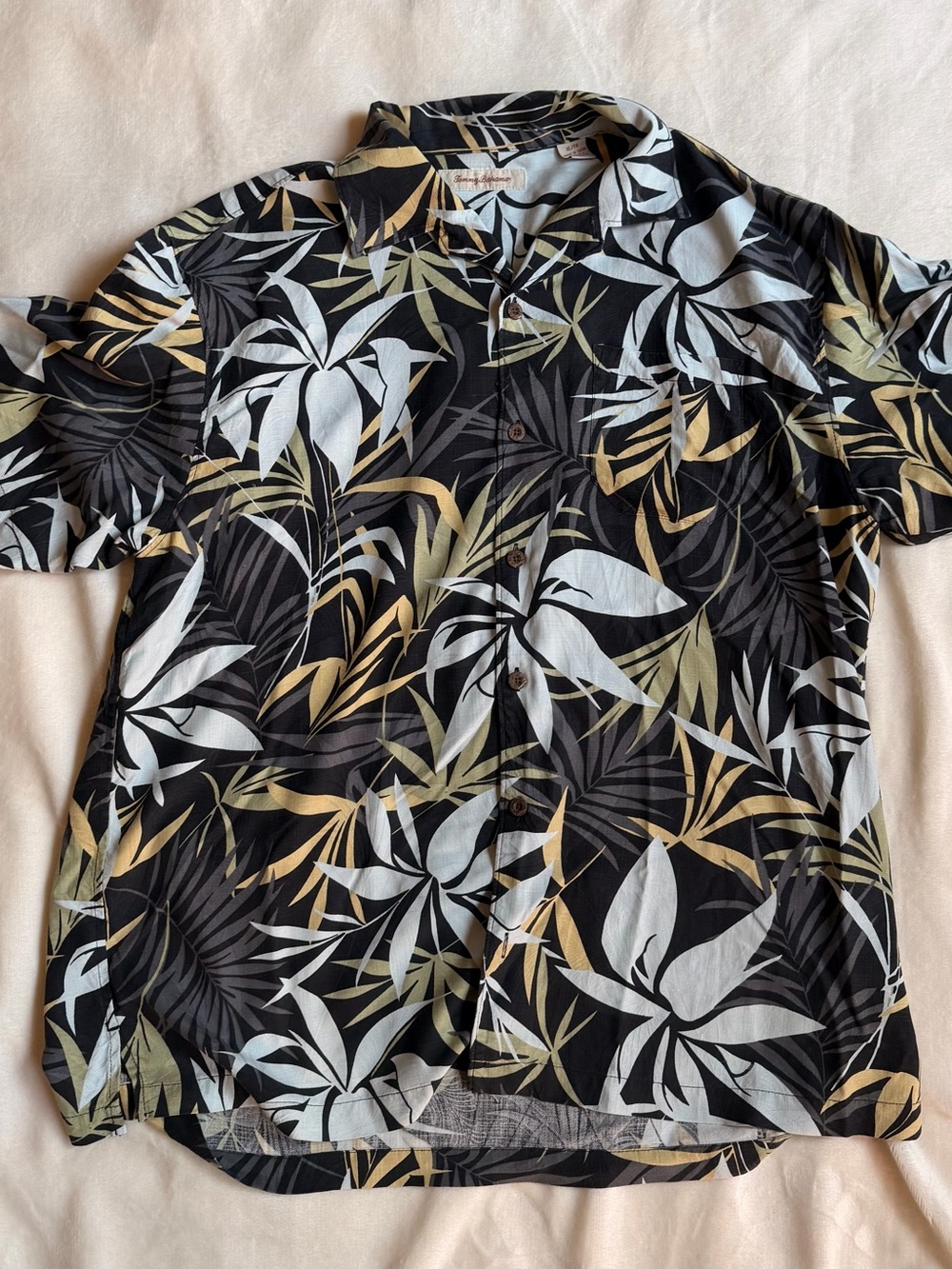 Tommy Bahama Black Button-Down Shirt with White and Olive Leaf Print